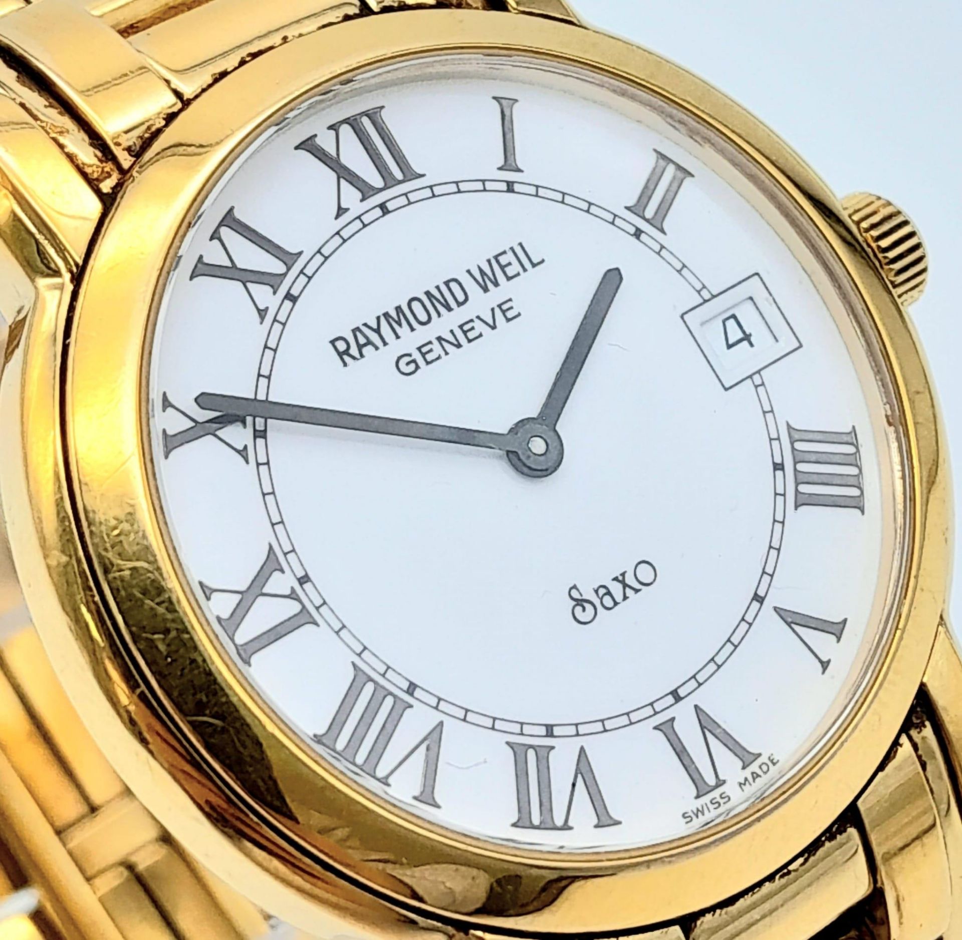 A Gold Plated Raymond Weil Quartz Gents Watch. Gold plated bracelet and case -36mm. White dial - Image 3 of 7