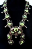 A Vintage Native American Indian High-Grade Silver (tested) and Green Turquoise Necklace. Silver