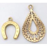 A Pair of 9K Yellow Gold Pendants. Horse-shoe and decorative pierced oval. 0.9g total weight. 25mm