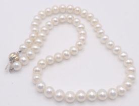 A Cultured White Pearl Necklace with a 9K Yellow Gold Clasp. 42cm.
