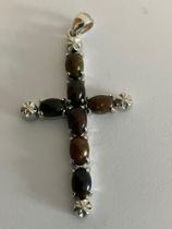 Beautiful SILVER CROSS set with GARNET CABOCHONS. Markings for 925 SILVER and The GENUINE GEMSTONE