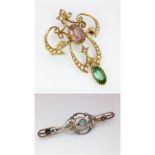 Two Victorian 10 K yellow gold brooches with seed pearls and a variety of stones. Lengths: 39 mm and