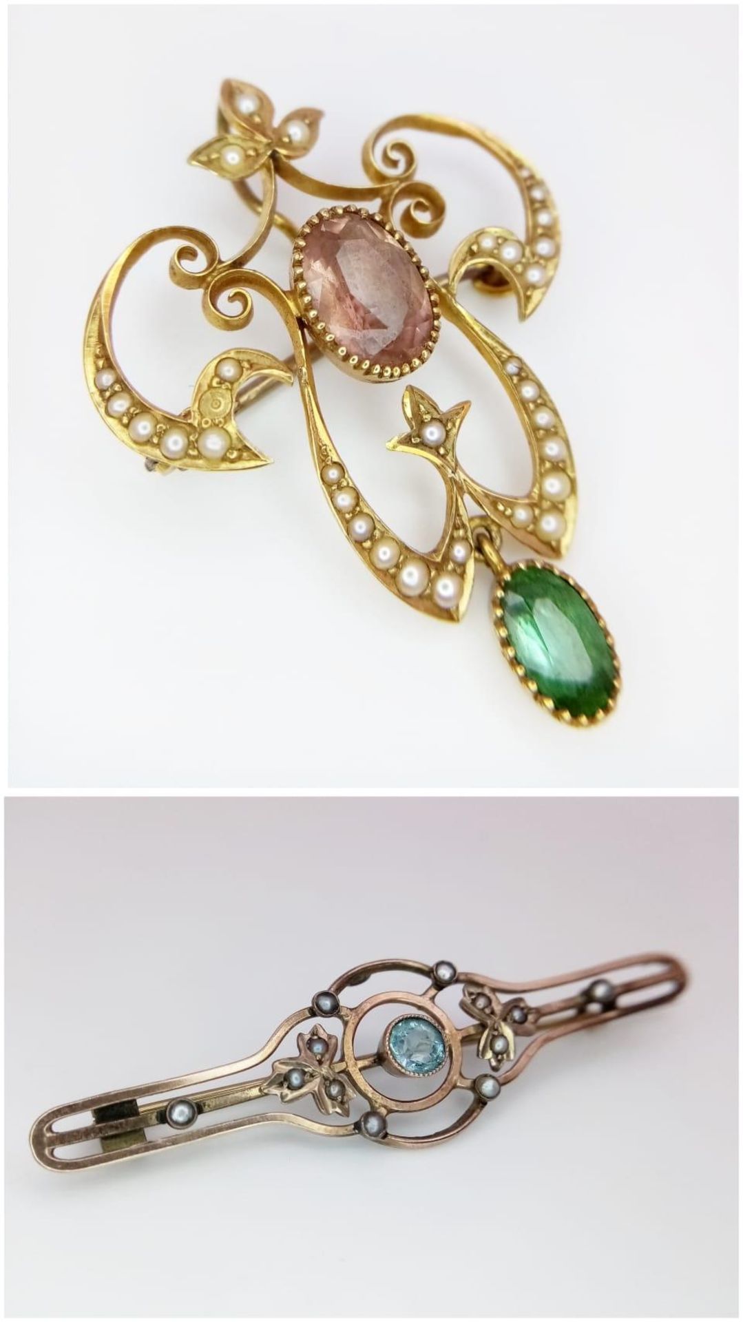Two Victorian 10 K yellow gold brooches with seed pearls and a variety of stones. Lengths: 39 mm and