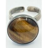 Large circular TIGERS EYE SILVER RING. Adjustable SILVER Band to fit Size O - R.