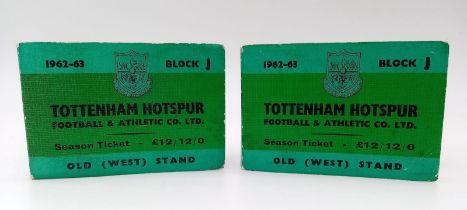 Two Tottenham Hotspur season ticket books for the 1962/63 season. The same 18 tickets in each book