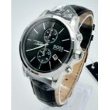 A Stylish Designer Hugo Boss Gents Dress Watch. Black leather strap. Stainless steel case - 41mm.