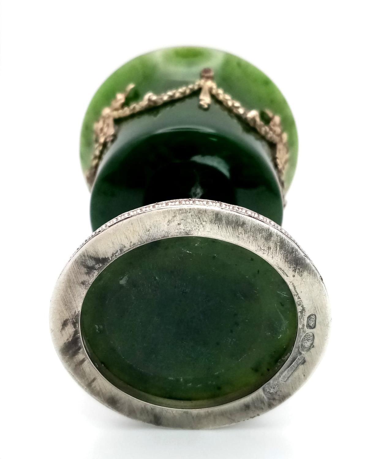 A Nephrite Jade Early 20th Century Cup with Applied Ribbons and Gems Set on Silver Feet with - Image 4 of 8