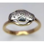 A Vintage 18K Yellow Gold Three Stone Diamond Ring. Decorative platinum foundation. Size K/L. 2.