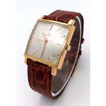 A Vintage 18K Gold Cased Zenith Gents Watch. Crocodile strap. 18k gold rectangular case - 30mm