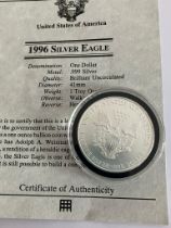 United States PURE SILVER DOLLAR. 1996 Silver Eagle/Walking Lady. Condition new and uncirculated.