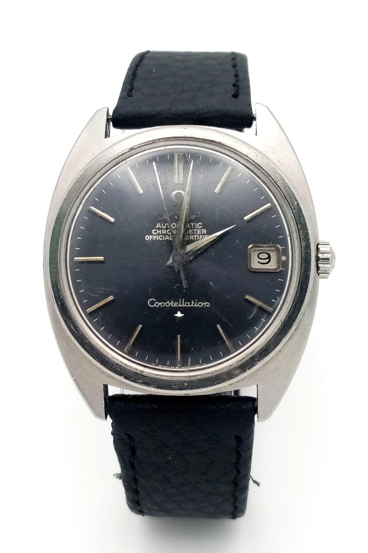 A Vintage Automatic Omega Constellation. Black leather strap. Stainless steel case - 36mm. Grey dial - Image 3 of 7