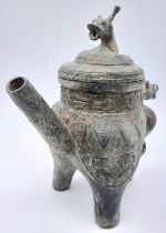 An Antique Chinese Bronze Lidded Water Vessel with Dragon's Head Decoration. 27cm tall.