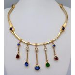 A Cleopatra-Esque 18K Yellow Gold (Tested) Sapphire, Emerald, Ruby and Diamond Choker Necklace -