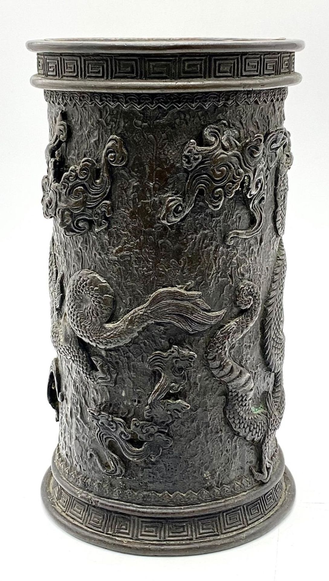 A Rare Unusual Antique Chinese Large Brush Pot Holder with Original Metal Liner. Relief dragon - Image 6 of 6