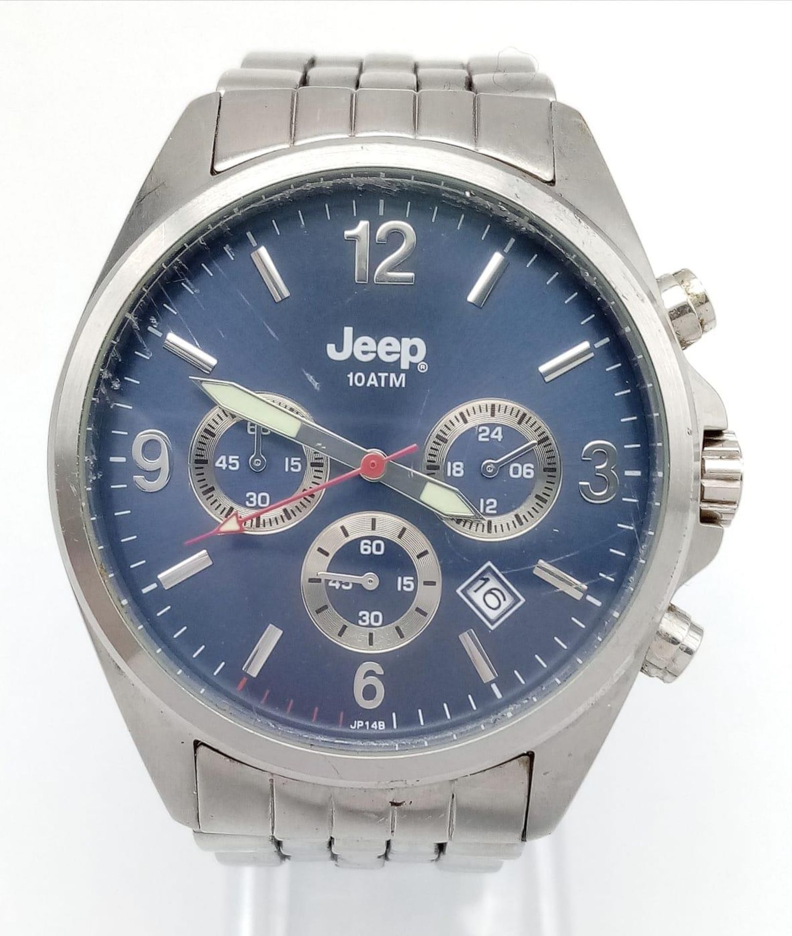 A Men’s Stainless Steel Chronograph Date Watch by Jeep. 45mm Including Crown. New Battery Fitted