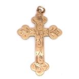 A 9 K yellow gold cross pendant, dimensions: 27 x 18 mm, weight; 1 g.
