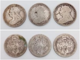 Three Victorian Florin Silver Coins: 1894, 1895 and 1900. Please see photos for conditions.