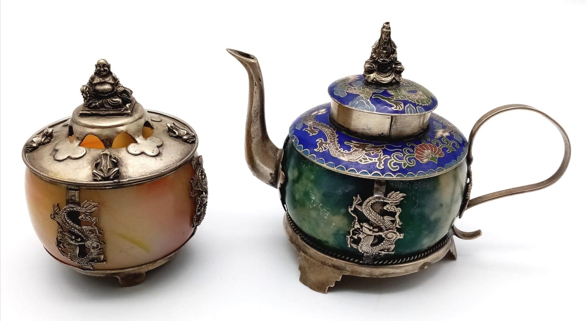 Two Superb Antique Chinese Miniature Teapots (circa 1900) - both on silver mounts hallmarked to