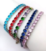 Five Colourful Delicate Zircon Tennis Bracelets. Royal blue, ruby red, ice blue, multi coloured