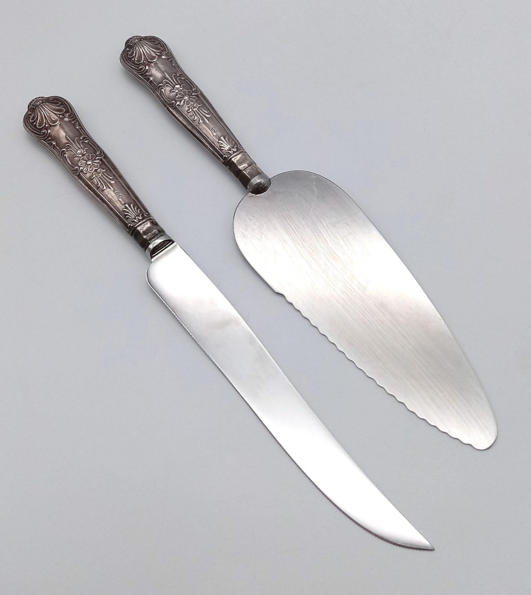 A Vintage Silver Handled Cake Server with Hallmarked Handle - Comes with an Additional Cake Knife,