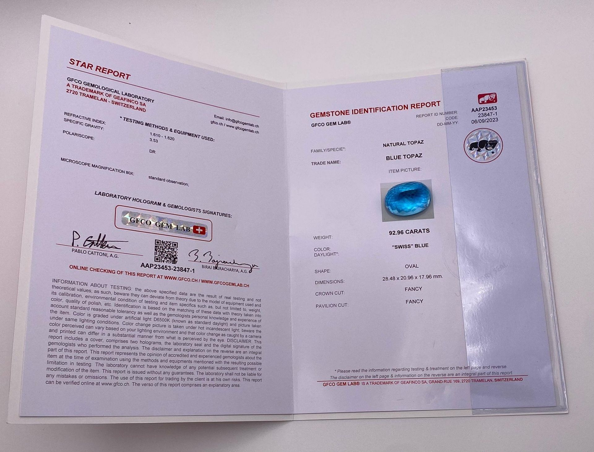 A 92.96ct Blue Topaz Gemstone, in Oval Flower Laser Cut. Comes with the GFCO Swiss Certificate - Image 5 of 5