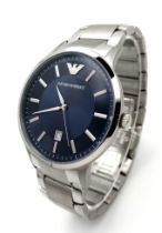 An Emporio Armani Quartz Gents Watch. Stainless steel bracelet and case - 43mm. Blue dial with
