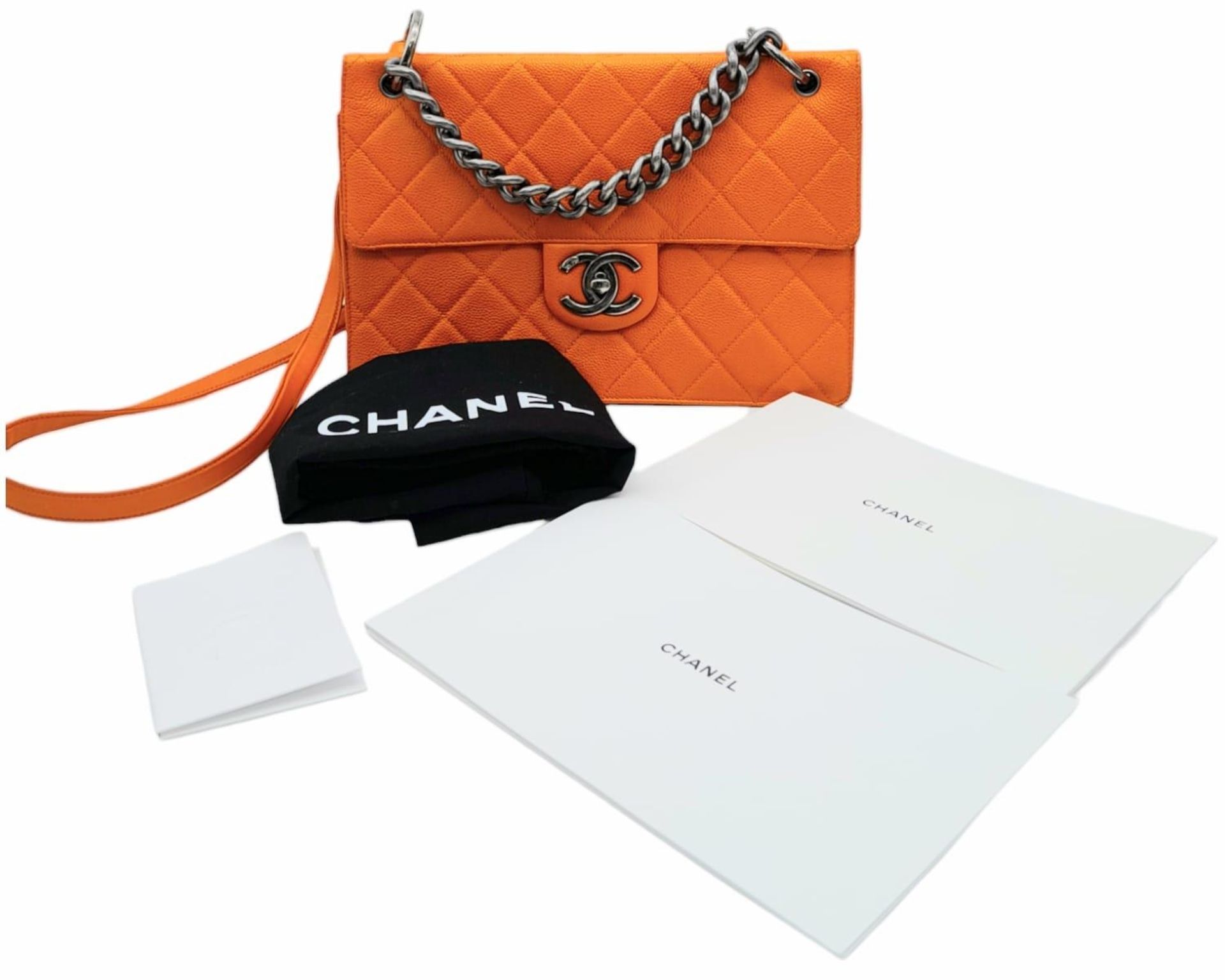 A Chanel Quilted Orange Caviar Leather Shoulder Bag. Quilted pattern exterior with gunmetal - Image 13 of 13