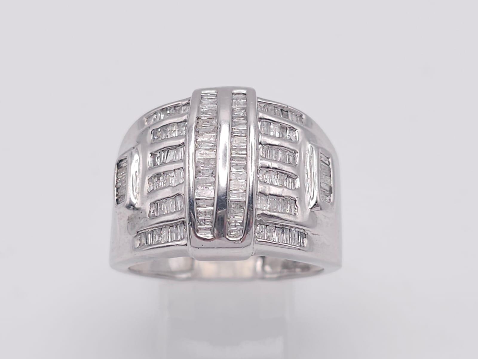 A 10K White Gold Baguette Diamond Cluster Ring. Size V. 1ctw. 7.4g total weight. - Image 4 of 9