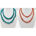 Two Rough Natural Matinee Length Gemstone Necklaces. Turquoise and carnelian. 82cm length.