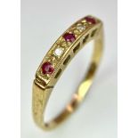 A vintage, 9 K yellow gold ring with alternating rubies and diamonds. Ring size: P. weight; 1.9 g.