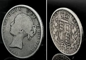 An 1845 Queen Victoria Silver Half Crown. F+ grade but please see photos.