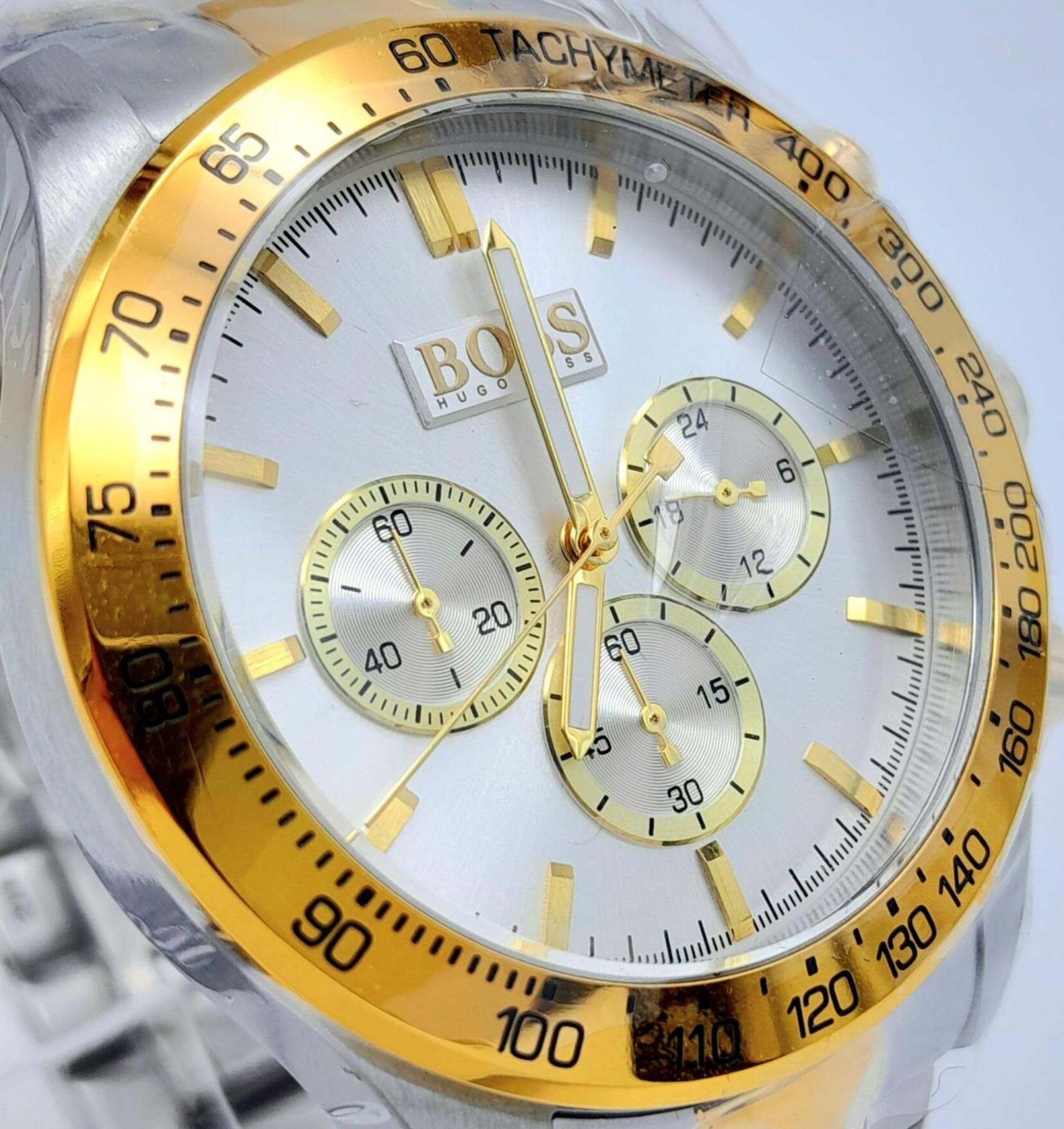 A very attractive two-tone HUGO BOSS tachymeter gents watch, 45 mm case, calibrated bezel, - Image 2 of 9