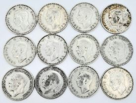 SELECTION OF 12 ONE SHILLING COINS ALL DATED PRE 1947. HAVING MINIMUM OF 50% SILVER CONTENT, DATES