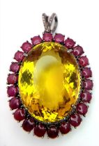 A Citrine and Ruby Silver Pendant with Rose Cut Diamonds set in 925 Sterling Silver. Oval cut