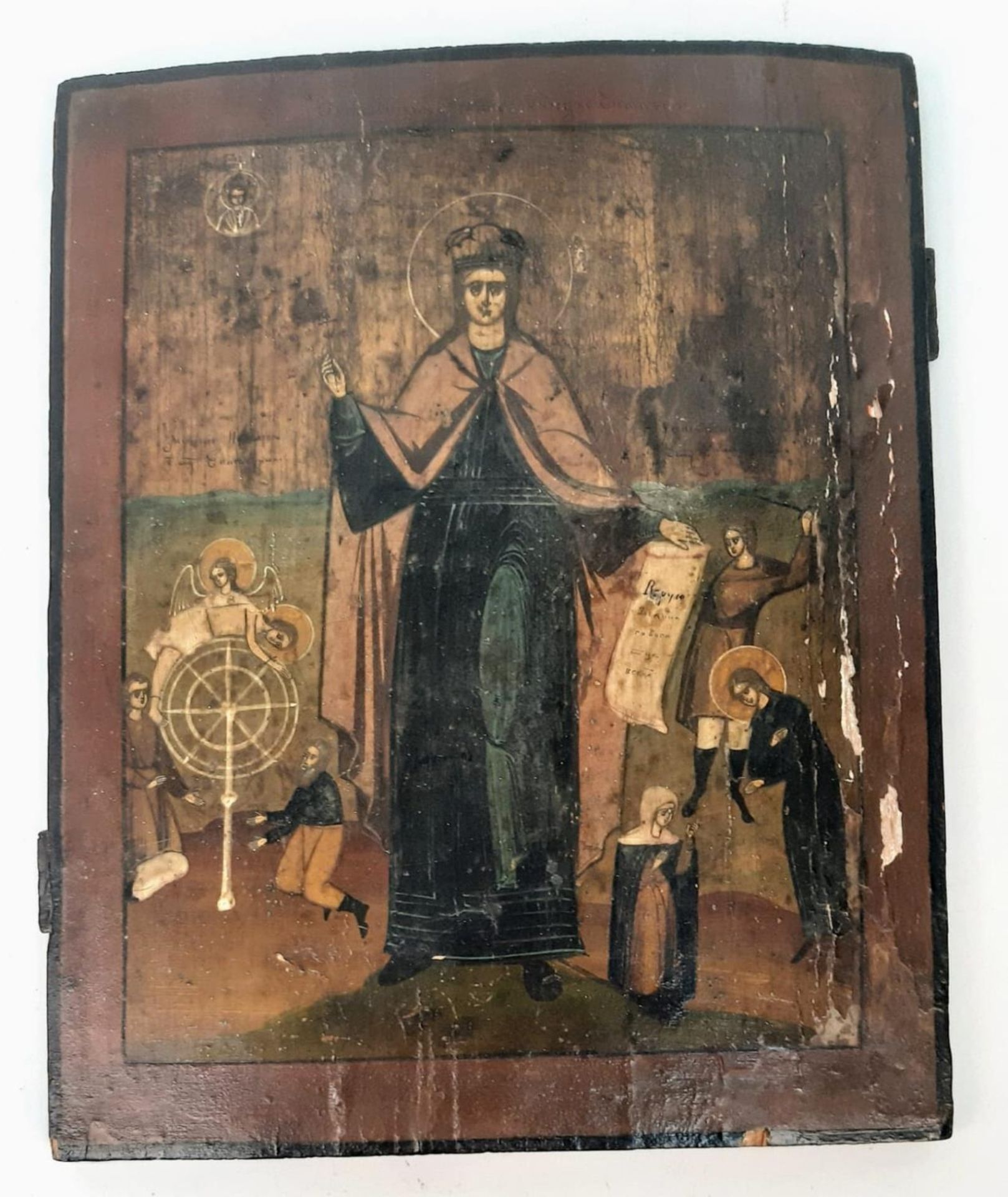 An Antique Icon of Saint Catherine of Alexandria and the Spiked Wheel - Oil on wood. Saint Catherine
