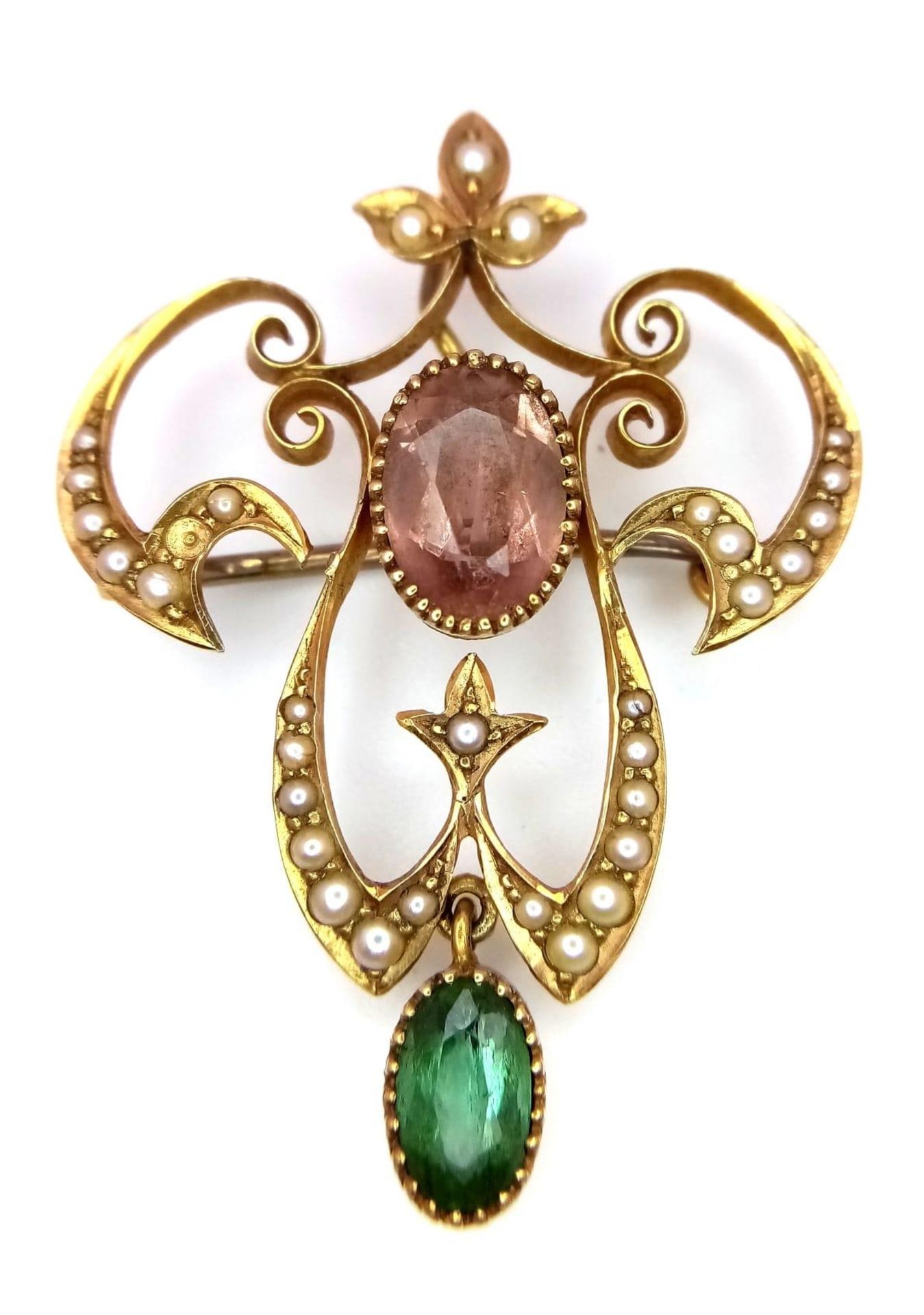 Two Victorian 10 K yellow gold brooches with seed pearls and a variety of stones. Lengths: 39 mm and - Image 2 of 5
