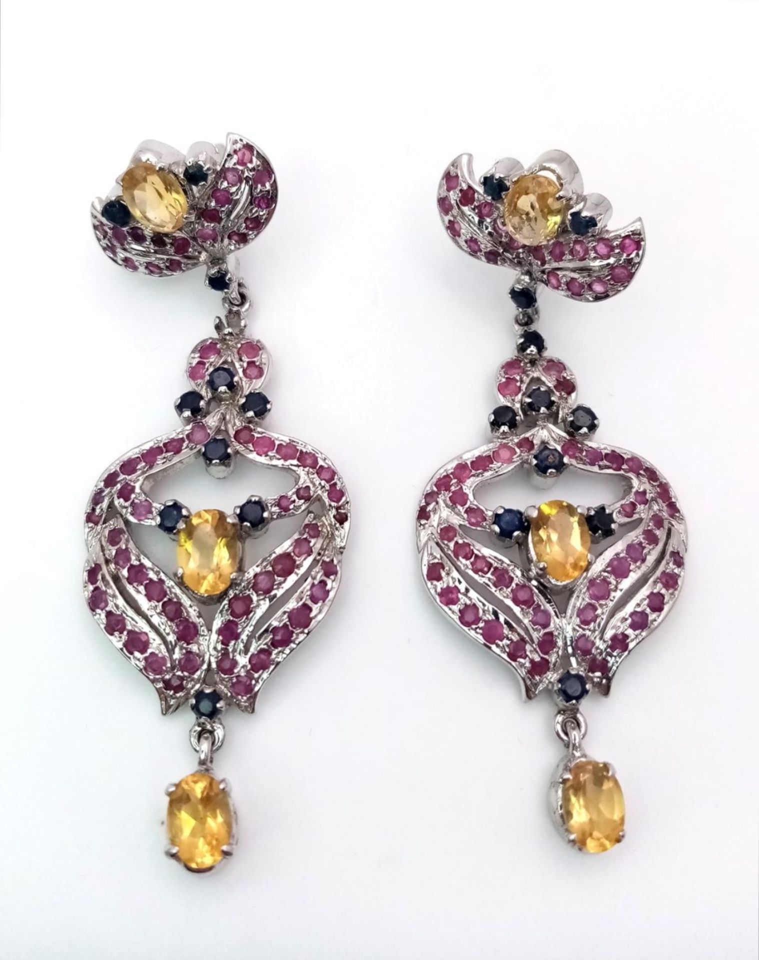 A Pair of Ruby, Sapphire and Citrine Drop Earrings set in 925 Sterling silver. 21ctw. W-19.5g. 6cm