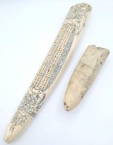 2 AMAZINGLY REALISTIC EXAMPLES OF SCRIMSHAW 33cms in LENGTH WITH ADDED CRIBBAGE BOARD AND THE