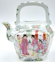 An Antique Chinese Canton Famille Rose Teapot. Depicts a court scene with floral decoration. 19cm