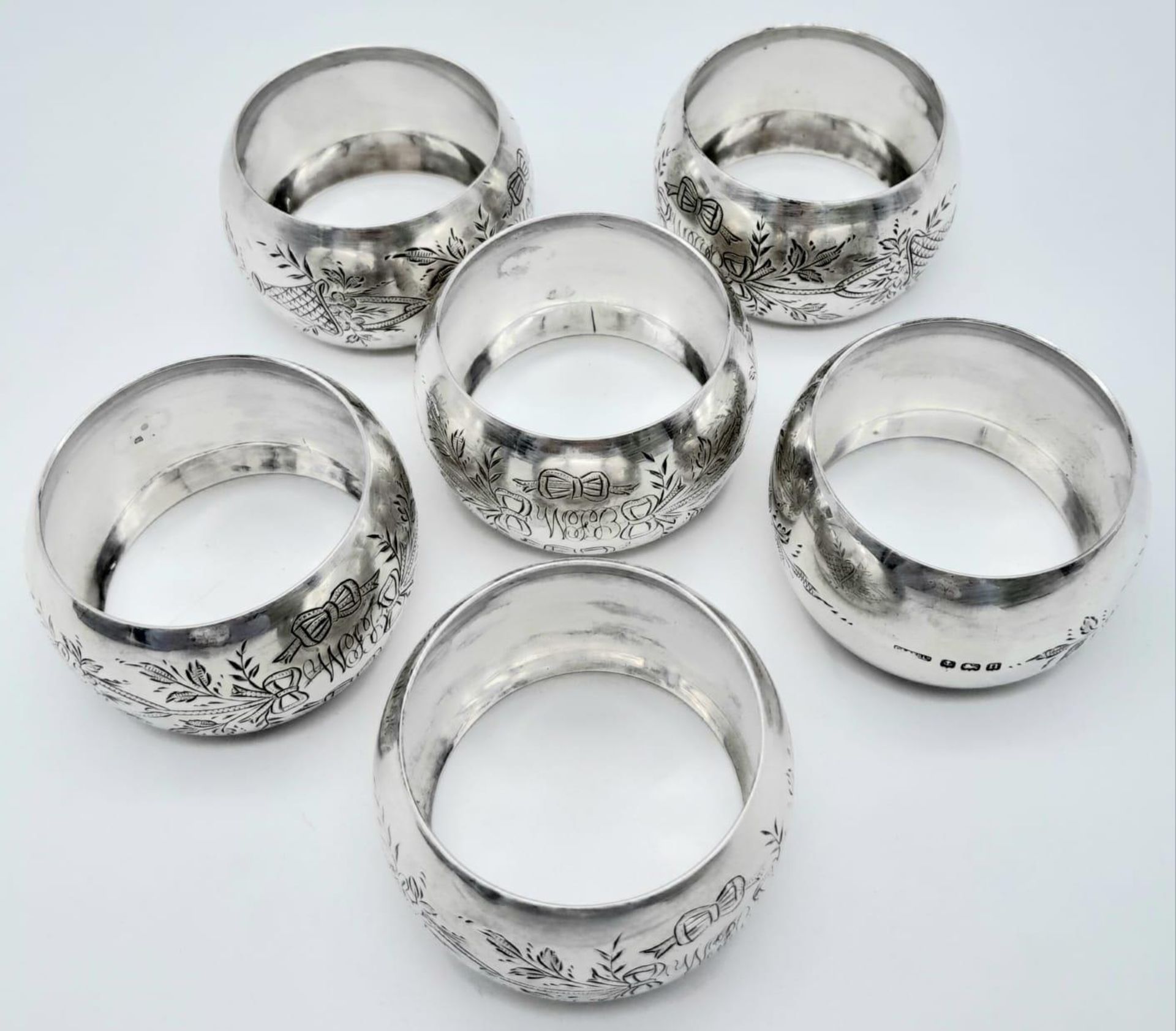 Six Antique Sterling Silver Decorative Napkin Holders. Hallmarks for Birmingham 1912. Makers mark of - Bild 2 aus 5