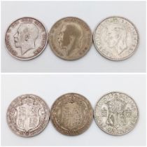 Three George V/VI Silver Half Crown Coins. F+ grades but please see photos.