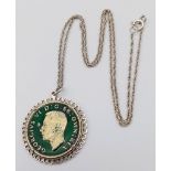 A Rare Vintage Enamelled George VI 1949 Two Shilling Coin Silver Mounted Pendant Necklace. Pendant
