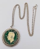 A Rare Vintage Enamelled George VI 1949 Two Shilling Coin Silver Mounted Pendant Necklace. Pendant