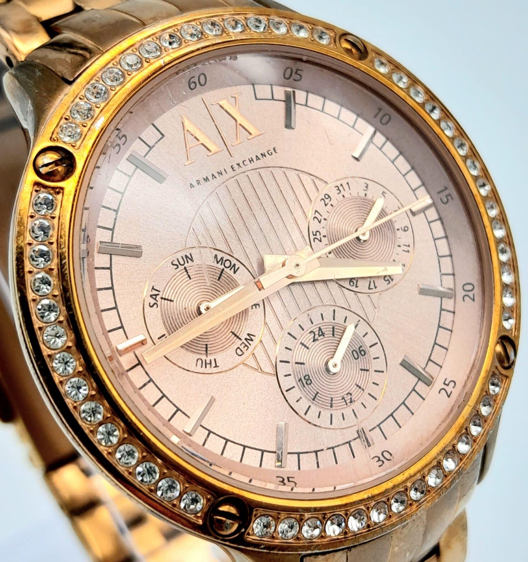 An Armani Exchange Gold Tone Stone Set Bezel Watch. 40mm Case. New Battery Fitted December 2023. - Image 4 of 8