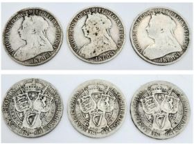 Three Victorian Silver Florin Coins. 1894, 1898 and 1899. Please see photos for conditions.