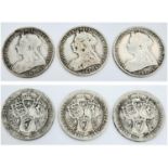 Three Victorian Silver Florin Coins. 1894, 1898 and 1899. Please see photos for conditions.