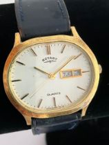 Gentlemans ROTARY WRISTWATCH. Rare Oval model 590114AB. Gold Plated Day/Date with Black leather