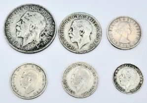 A SELECTION OF ONE SHILLING 1920 FULL SILVER & 1933 FLORING & 1926 3 PENCE & 1935 & 1939 SIX PENCE &