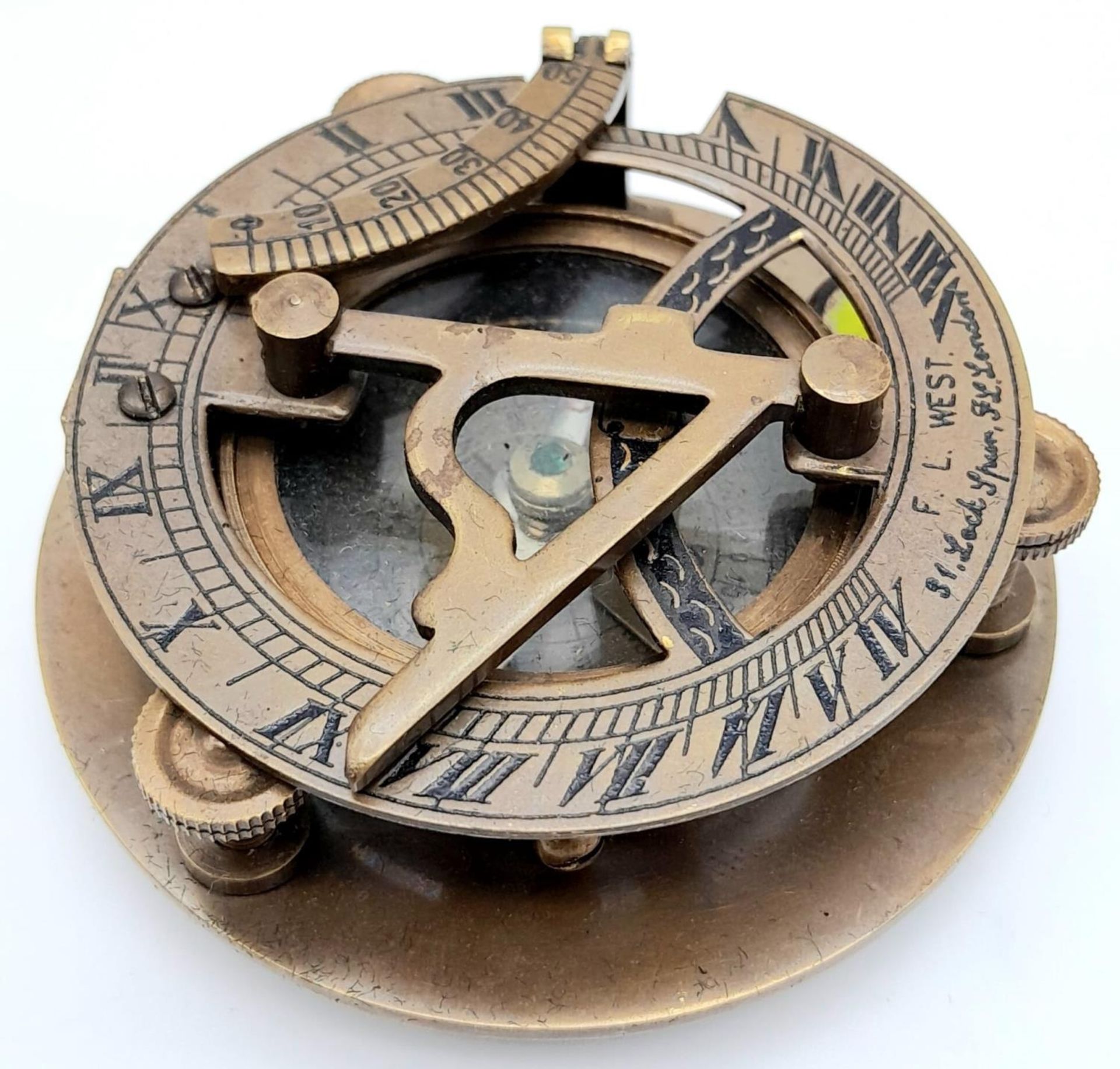 A Portable Folding Bronze Sundial/Compass in its own Wooden Presentation Case. 7.5cm. In good - Image 3 of 9