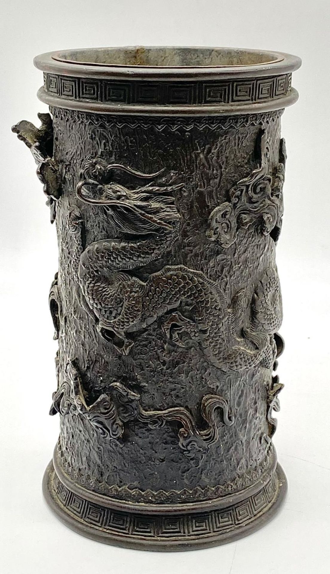 A Rare Unusual Antique Chinese Large Brush Pot Holder with Original Metal Liner. Relief dragon - Image 4 of 6